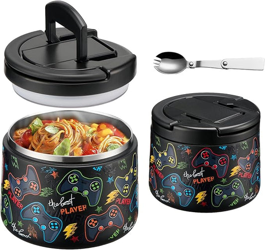 14oz Insulated Vacuum Food Jar with Buckle Lid,Soup Thermo for Hot Food Kids,Wide Mouth Leakproof Stainless Steel Lunch Container with Spoon-Black Game-BubblyBeeBaby