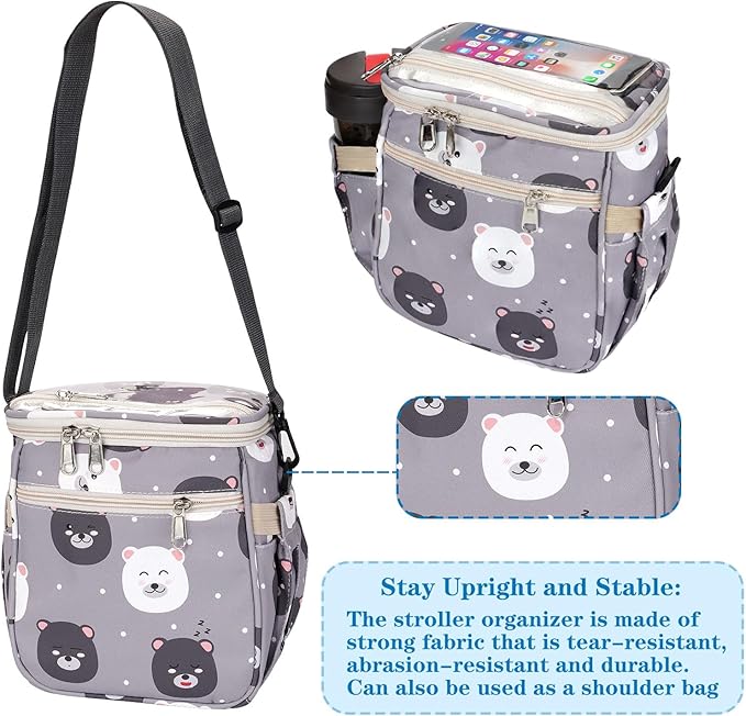 Baby Stroller Organizer Bag，Small Diaper Bag - Universal Stroller Organizer With Insulated Cup Holder,Pocket With Baby Wipes Dispenser，Adjustable Shoulder Strap (Light Gray)-BubblyBeeBaby