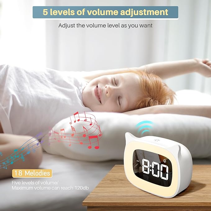 Kids Alarm Clock with Night Light & 18 Ringtones,Rechargeable,Cute Cat Ear Clock for Boys Girls Birthday Presents,Digital Clock for Children's Bedroom(White)-BubblyBeeBaby