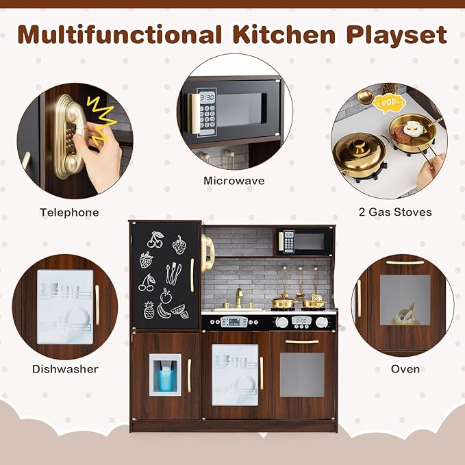HONEY JOY Kids Kitchen Playset, Wooden Little Chef Pretend Toy Kitchen Set w/Chalkboard, Telephone, Utensils, Oven, Microwave, Sink, Storage, Play Kitchen for Toddlers Boys Girls, Espresso-BubblyBeeBaby