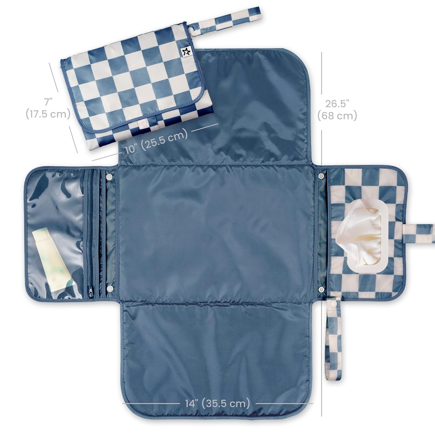 Tiny Twinkle Portable Diaper Changing Pad-Foldable Waterproof Changing Mat&Portable Changing Pad for Travel,Baby Changing Station with Smart Wipes Pocket&Storage (Blue Checkers)