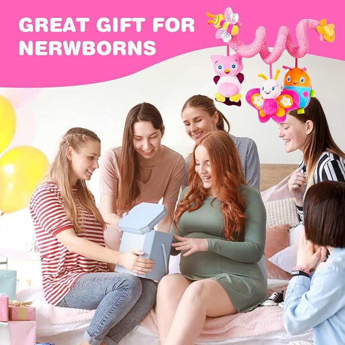 Jollybaby Baby Car Seat Stroller Toys, Plush Activity Hanging Spiral Activity Pram Crib with Music Box, Rattles, Squeaker for Babies Infant Boys Girls(Pink)-BubblyBeeBaby