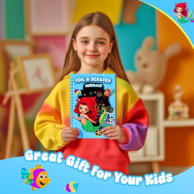 homicozy Art & Craft Activity for Kids - Foil Fun Mermaids & Scratch Art Book 2-in-1, No Mess Art Crafts for Girls,DIY Creative Activity Kit,Gifts for Girls Ages 4, 5, 6, 7, 8, 9, Travel Toys-BubblyBeeBaby