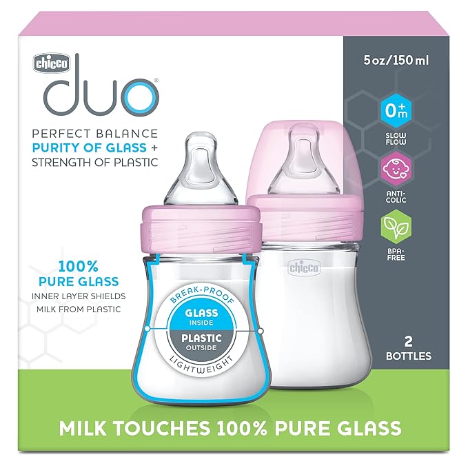 Chicco Duo 5oz. Hybrid Baby Bottle with Invinci-Glass Inside and Plastic Outside | Dishwasher, Bottle Warmer, and Electric Sterilizer Safe | Intui-Latch Nipple | Clear/Grey, 2pk-BubblyBeeBaby