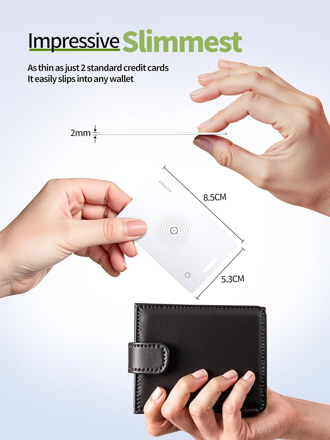 LULULOOK Wallet Tracker Card (iOS Only), Ultra Slim Airtag Wallet Works with Apple Find My, Wireless Rechargeable GPS Smartcard Tracker for Luggage, Tags, Passport, Purse, IP68 Waterproof, 1 Pack