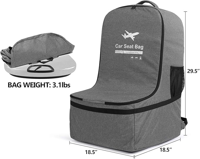 LUXJA Car Seat Travel Bag, Airplane Bag with Padded Backpack Straps and Adjustable Waist Straps for Travel (Fits Most Major Car Seat), Gray-BubblyBeeBaby