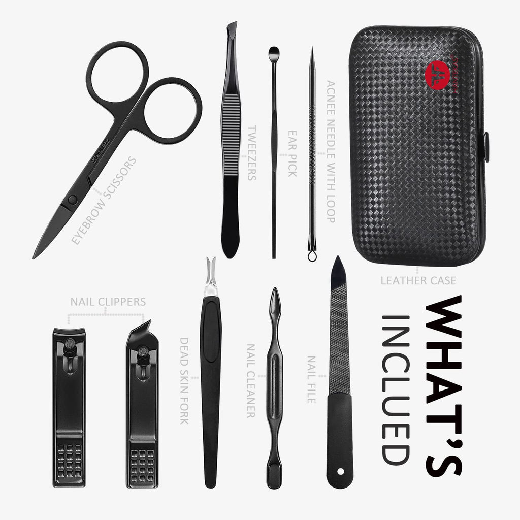 Manicure Set 9 in 1 Stainless Steel, Nail Clippers Scissors Pedicure Tools Kit - Portable Travel Grooming Kit for Men and Women with Leather Case (Red-BIG Nail Clipper)