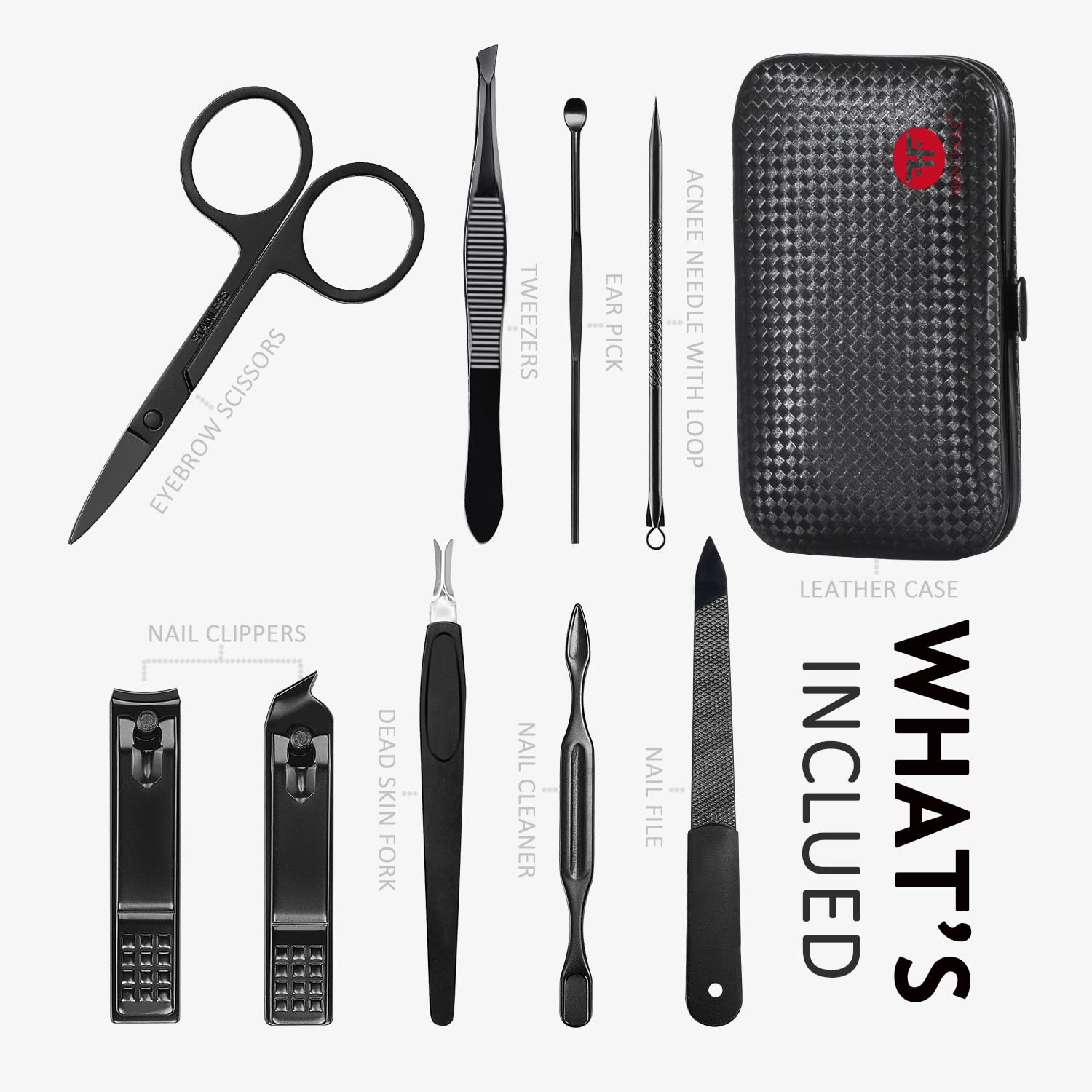 Manicure Set 9 in 1 Stainless Steel, Nail Clippers Scissors Pedicure Tools Kit - Portable Travel Grooming Kit for Men and Women with Leather Case (Red-BIG Nail Clipper)