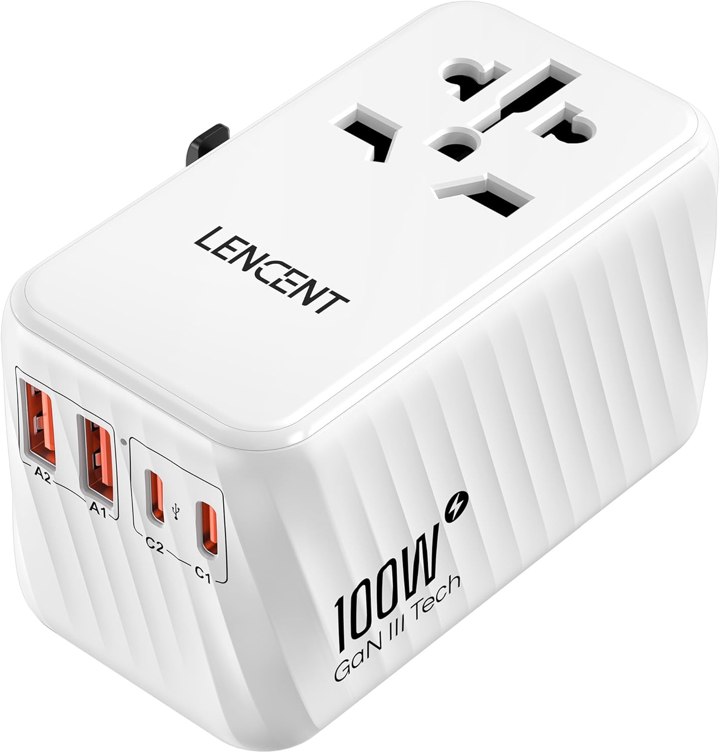 LENCENT Universal Travel Adapter, 100W GaN International Fast Charger with 2 PD3.0 Type C+2 QC USB A, Worldwide Power Adaptor for Phones,Laptops, All in One Travel Essentials for EU/USA/UK/AU, White