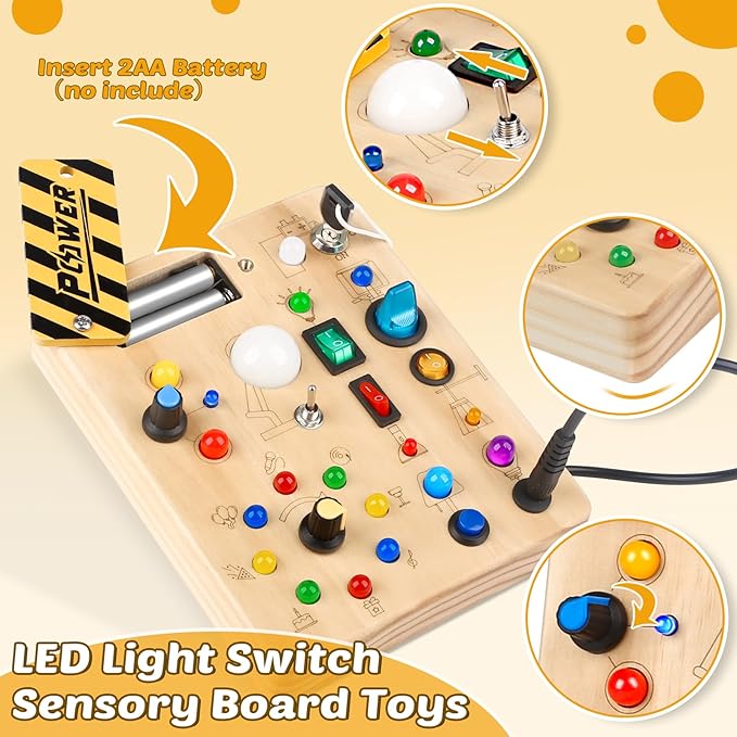 Joyreal Montessori Toddler Busy Board, 19 Led Wooden Sensory Board Educational Toy, Montessori Toys for 1-6 Year Old, Travel Toys Gifts for Toddlers Boys and Girls-BubblyBeeBaby