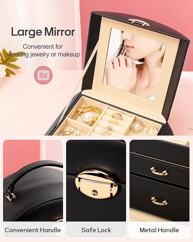 Homde Girls Jewelry Box Jewelry Storage Case Organizer with Mirror for Rings, Earrings, Bracelets, Necklaces (Black + Gold)-BubblyBeeBaby