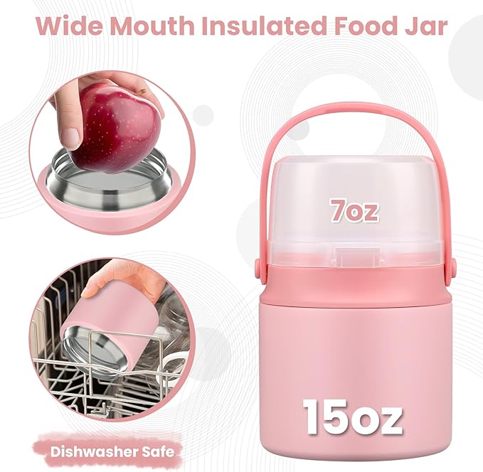 2-in-1 Insulated Food Jar & Snack Container - 15oz Kids Soup Thermos for Hot Food with Handle and Spoon, Leak Proof Reusable Toddler Snack Box, Perfect for School & Travel, Pink-BubblyBeeBaby
