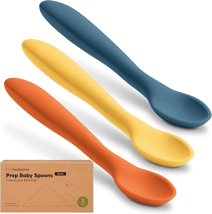 KeaBabies Silicone Baby Spoons, Self Feeding 6-12 months - 3-Pack Baby Weaning Eating Utensils, Toddler First Food Training Spoon, Infant, Kids Feeding Supplies Essential Set,Dishwasher-safe (Valiant)-BubblyBeeBaby
