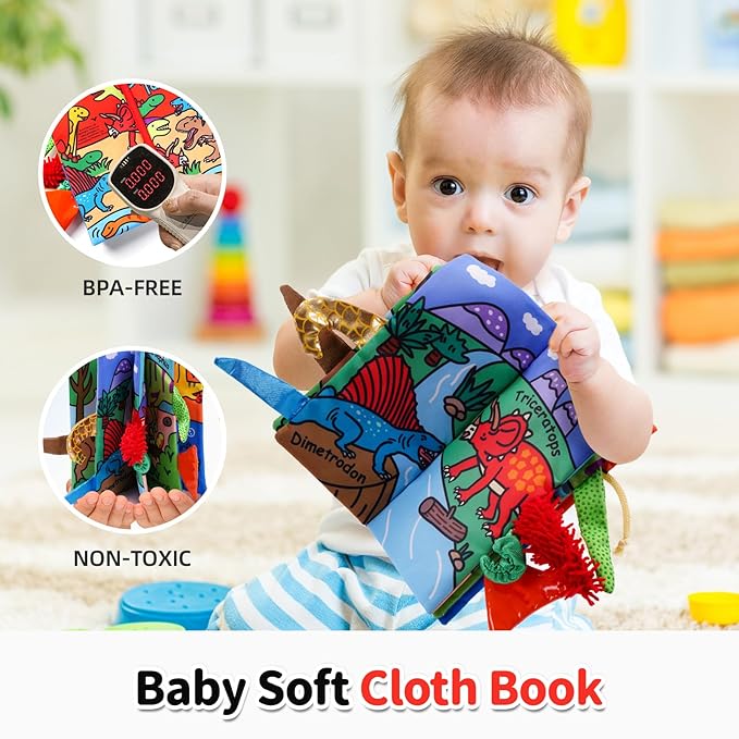 Jollybaby Baby Books 0-6 Months, Touch and Feel Crinkle Soft Cloth Books for Infants Babies, Toddler Early Educational Interactive Stroller Sensory Toys, Baby Girl & Boy Gift(Dinosaur Tails)-BubblyBeeBaby
