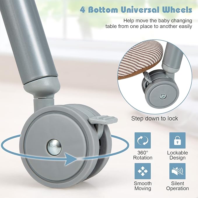 HONEY JOY Baby Changing Table with Bathtub, Foldable Infant Diaper Changing Station with Wheels, Storage Tray, Waterproof Pad, Portable Newborn Nursery Organizer Bath Stand for Boys Girls (Gray)-BubblyBeeBaby