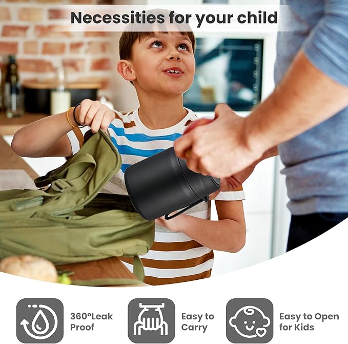 17oz Soup Thermo for Hot Food Kids,Insulated Food Jar with Spoon,Thermo Hot Food Lunch Container,Wide Mouth Leakproof Stainless Steel Lunch Box for School-Black-BubblyBeeBaby