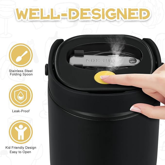 2 - in - 1 Soup Thermo for Hot Food 14oz with Snack Box Container Leak Proof Insulated Lunch Container Kids and Adults Stainless Steel Double Wall Vacuum Wide-mouth Thermal with Spoon and Handle-BubblyBeeBaby