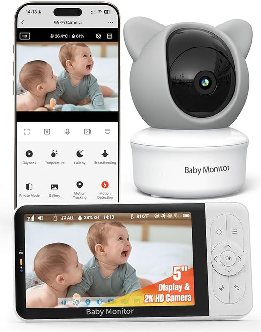 iFamily WiFi Baby Monitor with App – Smartphone Baby Monitor with 5" HD Monitor & 2K Camera, Night Vision, 2-Way Talk, Motion Tracking&Alerts, Temp Sensor, Lullabies,Secure WiFi Lock-BubblyBeeBaby