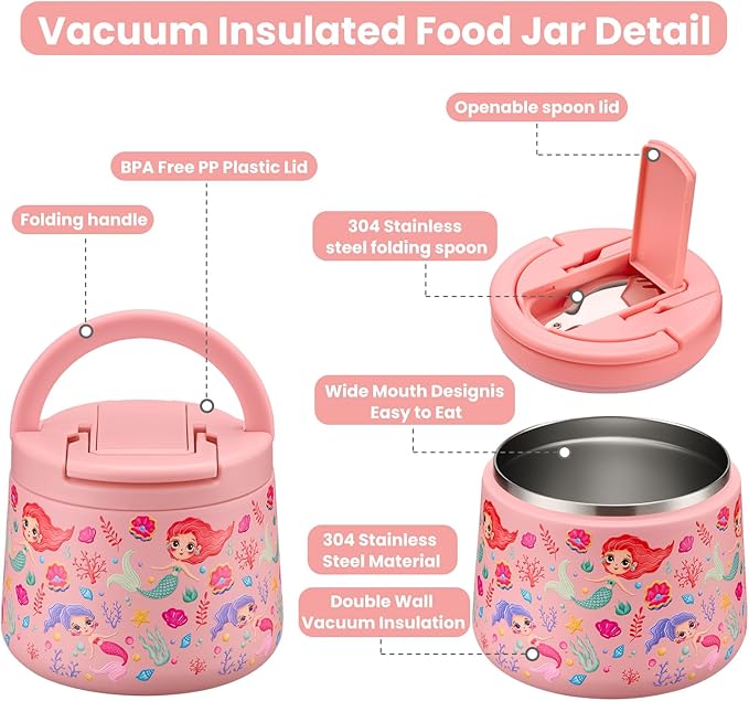 14oz Insulated Vacuum Food Jar with Buckle Lid,Soup Thermo for Hot Food Kids,Wide Mouth Leakproof Stainless Steel Lunch Container with Spoon-Mermaid-BubblyBeeBaby