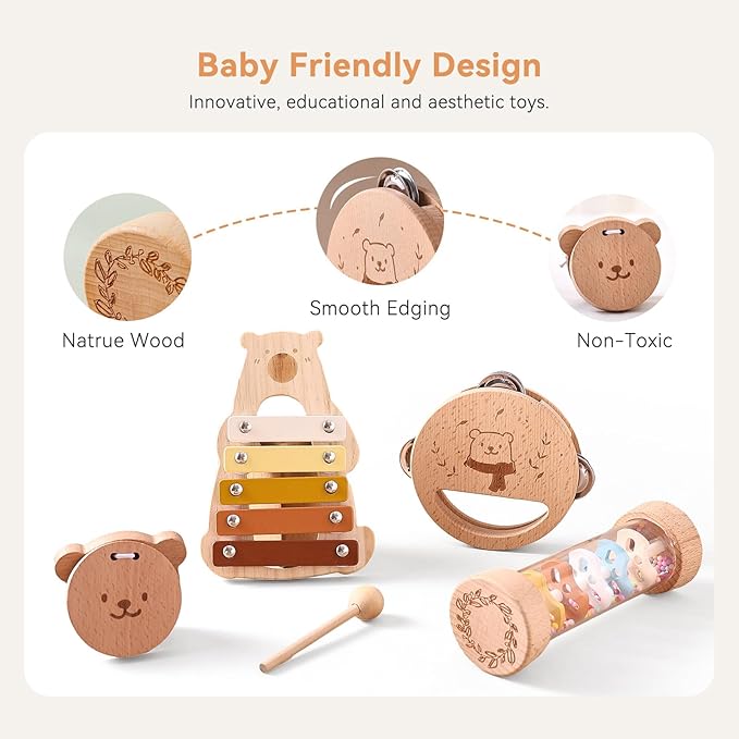 IEATFO Baby Musical Instruments - Your Child's First Musical Toys with Castanet Rainmaker Tambourine Xylophone - Baby Friendly Design Wooden Instruments Set Grow with Your Boys and Girls-BubblyBeeBaby