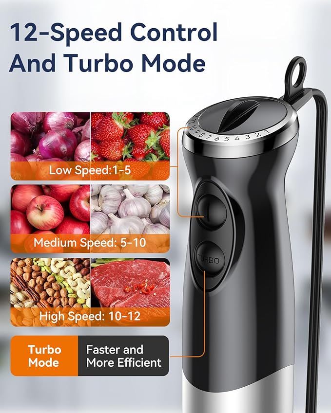 Immersion Blender Handheld 1000W 5 in 1 Corded Stick Hand Blender Kitchen with 12 Speed, BPA-Free, Mixing Beaker, Chopper, Whisk, Milk Frother, Perfect Emulsifier for Soup, Baby Food, Sauce, Puree-BubblyBeeBaby