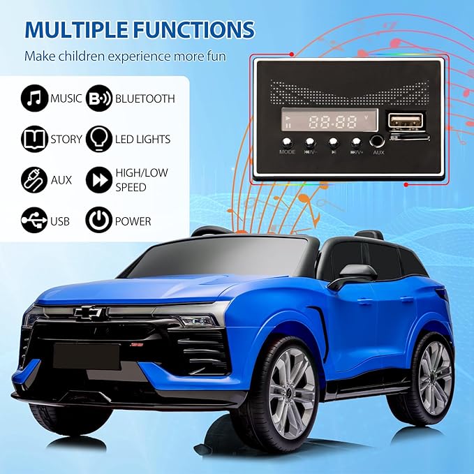 Hetoy 24V 2-Seater SUV Licensed Chevrolet Blazer Ride On Car Toy w/Parent Remote Control, 3 Speeds, Wireless Music, MP3 Player, Electric Car for Kids Ages 3-8, Blue-BubblyBeeBaby