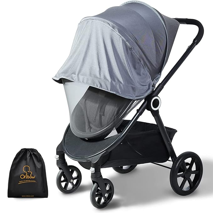 Orzbow 2-in-1 Baby Mosquito Net with UPF50+ Sunshade for Stroller, Breathable Stroller Mosquito Netting Privacy Cover with Two-Way Zipper & Storage Bag for Bassinet, Car Seat & Carrycot, Grey-BubblyBeeBaby
