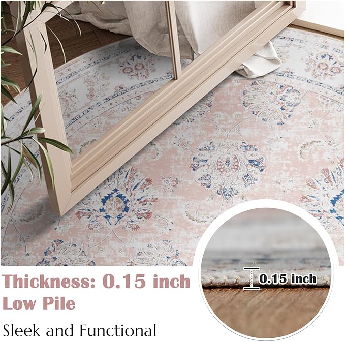 jinchan Round Rug 4ft Area Rugs Vintage Floral Distressed Design - Machine Washable Non-Slip Low-Pile Ultra-Thin Circle Rug for Entryway Bedside Living Room Dining Room Bedroom (4' Round,Pink)-BubblyBeeBaby