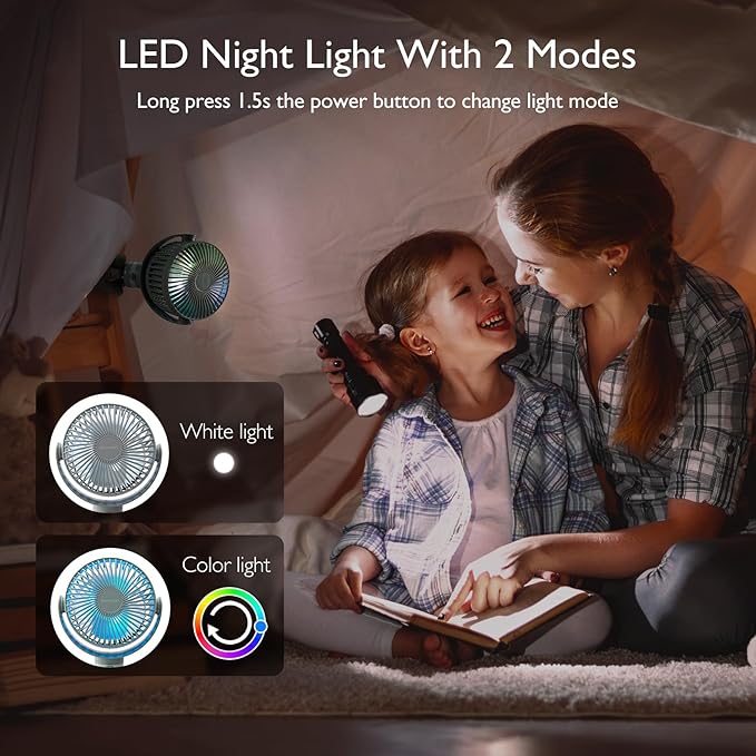 Momcozy Portable Stroller Fan, 8000mAh, 27H Ultra-long Battery Life, Detachable 4 Speed 360°Rotate, LED Night Light with 2 Modes, USB Rechargeable Handheld Cooling Fan for Travel, Car Seat, Bedroom-BubblyBeeBaby