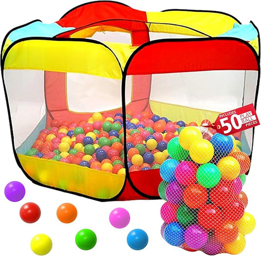 Kids Ball Pit Pop Up Large Tent for Toddlers - Indoor & Outdoor Gift Toys for Infants Girls & Boys, Baby Playpen with Zippered Storage Bag, 50 BallPit Balls Included-BubblyBeeBaby