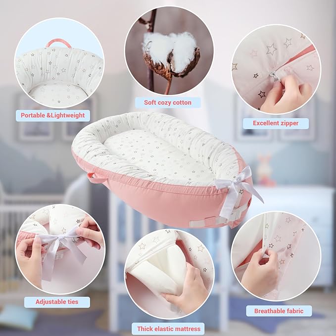 JOLLITO Baby Lounger for Newborn, Breathable Soft Baby for Baby 0-24 Months,Baby Play Mat, Portable Infant Lounger Baby Floor Seat for Home and Travel,Babies Essentials Gifts-BubblyBeeBaby