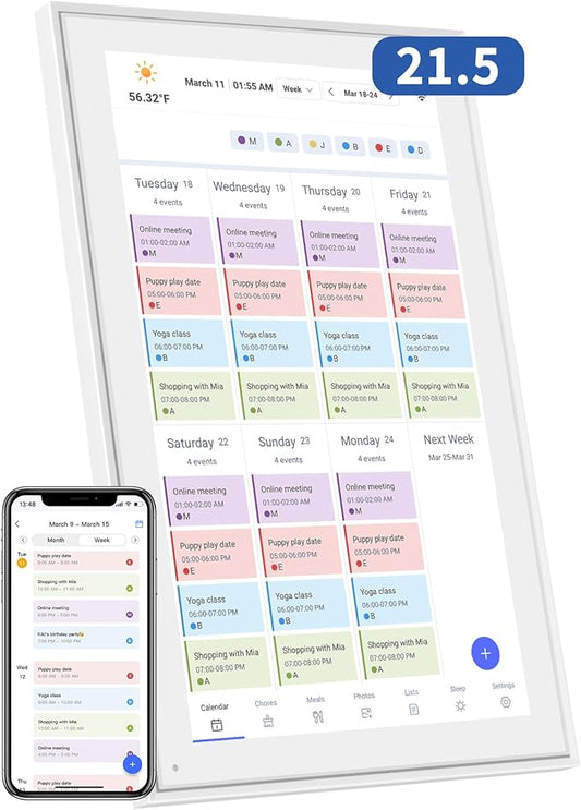 21.5 Inch Digital Calendar, Electronic Chore Chart, Smart Weekly and Monthly Planner 1920 * 1080P IPS Touchscreen Wall and Desk Calendar for Family Schedules, White-BubblyBeeBaby