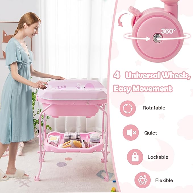 HONEY JOY Baby Changing Table with Bathtub, Foldable Infant Diaper Changing Station with Wheels, Storage Tray, Waterproof Pad, Portable Newborn Nursery Organizer Bath Stand for Boys Girls (Pink)-BubblyBeeBaby