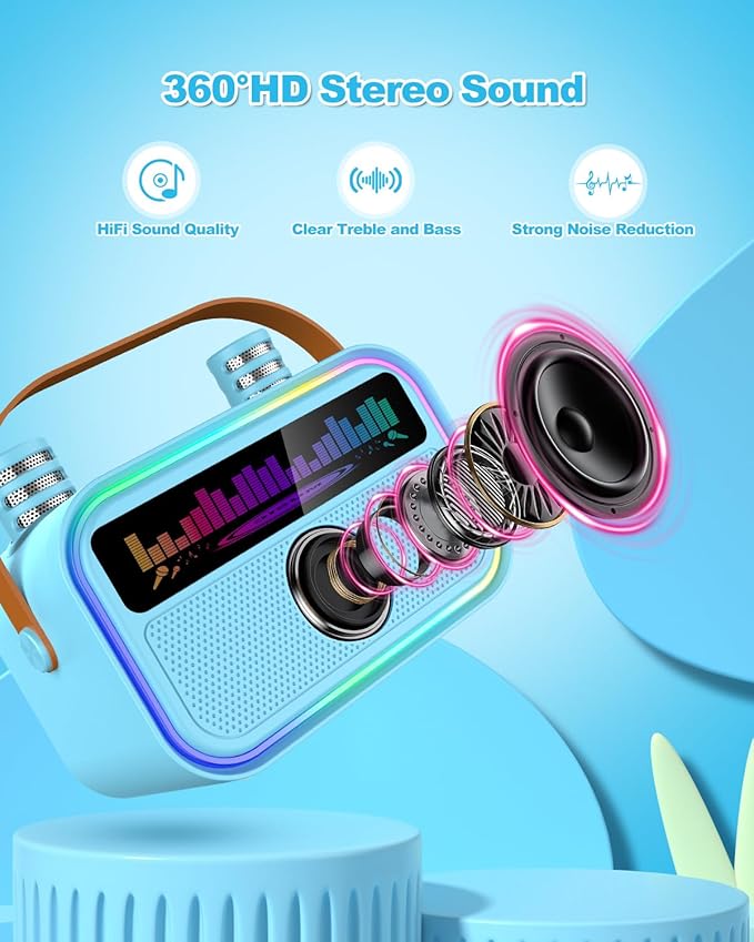 Karaoke Machine for Kids Adults, Birthday Gifts Toys for Girls Boys Age 3-12+,Mini Portable Bluetooth Singing Speaker with 2 Wireless Microphones & LED Lights (Blue)-BubblyBeeBaby