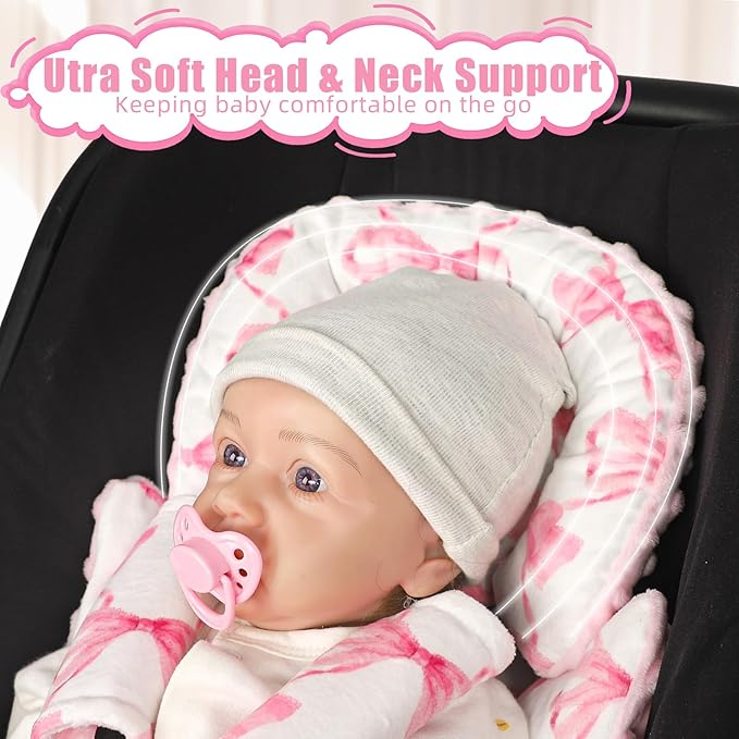 Infant Car Seat Insert, Soft Baby Car Seat Head & Body Support for Girl Boy, Reversible Newborn Preemie Carseat Insert Cushion with 3 Straps Pads, Fits Car Seat, Stroller, Swing, Bouncer, Pink Bow-BubblyBeeBaby