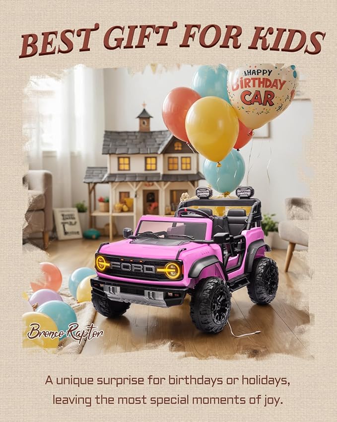 24V Ride on Toys for Big Kids, Licensed Ford Bronco Raptor 2 Seater Ride on Cars with Remote Control, Ride on Truck w/ 4-Wheeler Suspension, 3 Speeds, Led Lights, Bluetooth (24V, Pink)-BubblyBeeBaby