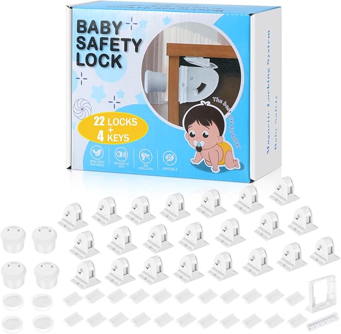 22 Pack Magnetic Cabinet Locks for Child Safety, Drawer Locks Baby Proofing, Magnetic Door Safety Locks for Cabinets and Drawers, Easy Installation No Tools Required (22 Pack and 4 Keys)-BubblyBeeBaby