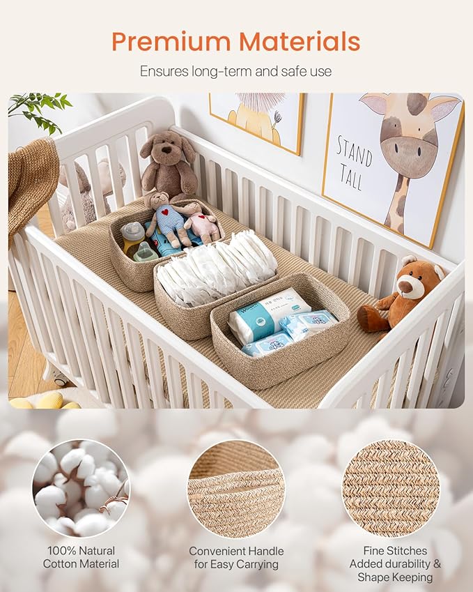 KALLAX Small Woven Basket, 13.5 x 9.5 x 5 Inches, Storage Basket for Organizing, Cute Small Rope Shelf Closet Cube Storage Bins Baskets for Shelves, Dog Toy Gift Baskets Empty, 3 Packs, Mixed Brown-BubblyBeeBaby