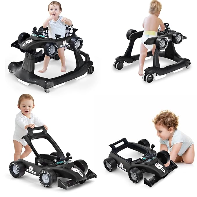 HONEY JOY 4-in-1 Baby Walker, Activity Push Walker w/3 Adjustable Heights, Smooth Wheels w/Adjustable Speed, Padded Seat, Music & Light, Foldable Car Walker for Baby Boys Girls Age 6 Months+ (Black)-BubblyBeeBaby