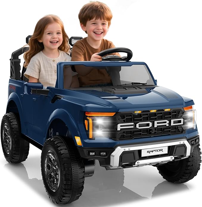 24V Ride on Car Licensed Ford F-150 Raptor, Kids Electric Car with Remote Control, LED Light/Music/MP3, Truck Bed Storage, 3-Point Seat Belt (24V, Blue)-BubblyBeeBaby
