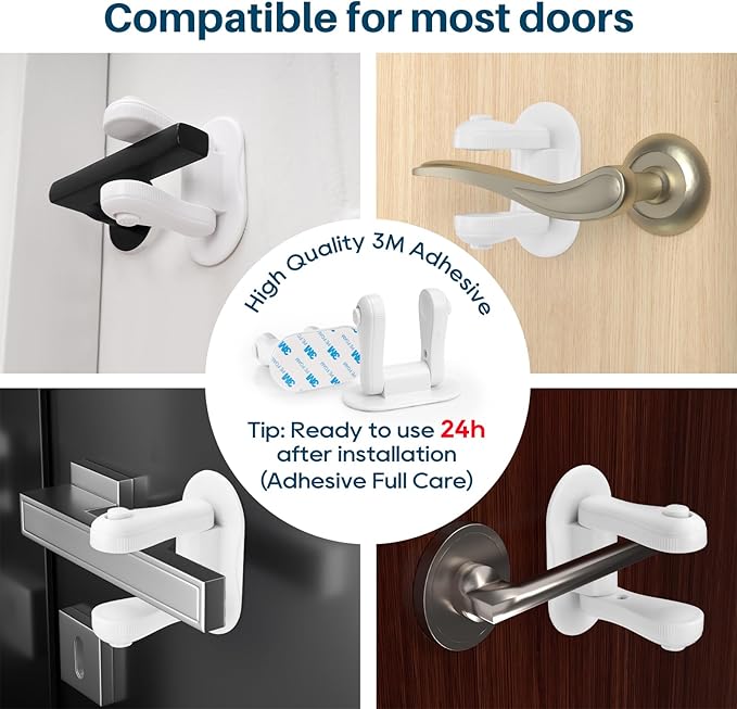 Inaya Door Lever Lock (4 Pack) – Child Proof Handle Locks, 3M Adhesive & Easy Installation for Home, Baby-Proof Locks for Kids Safety, Compatible with standard doors-BubblyBeeBaby