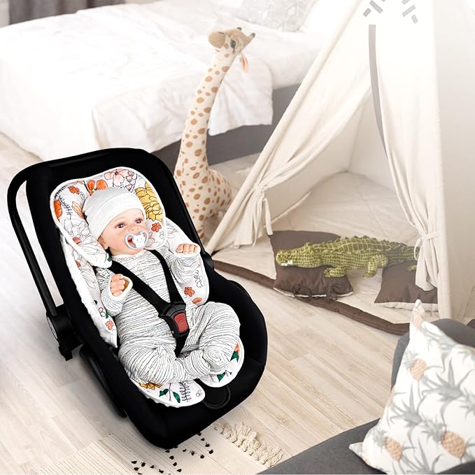 Pea Pod Baby Car Seat Head Support for Newborn, 2 in 1 Infant Car Seat Head Body Support for Girls Extra Soft Breathable Baby Car Seat Cushion Insert for Strollers, Swings, Bouncers, (Retro Floral)-BubblyBeeBaby
