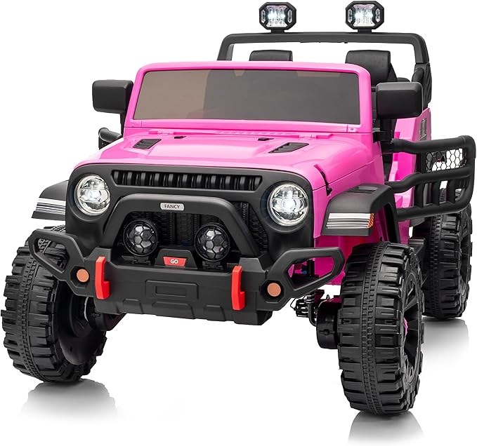 2 Seater Ride on Car Truck, 12V Kids Electric Ride on Toy for Big Kids Age 3-8 w/Remote Control- Hot Pink-BubblyBeeBaby