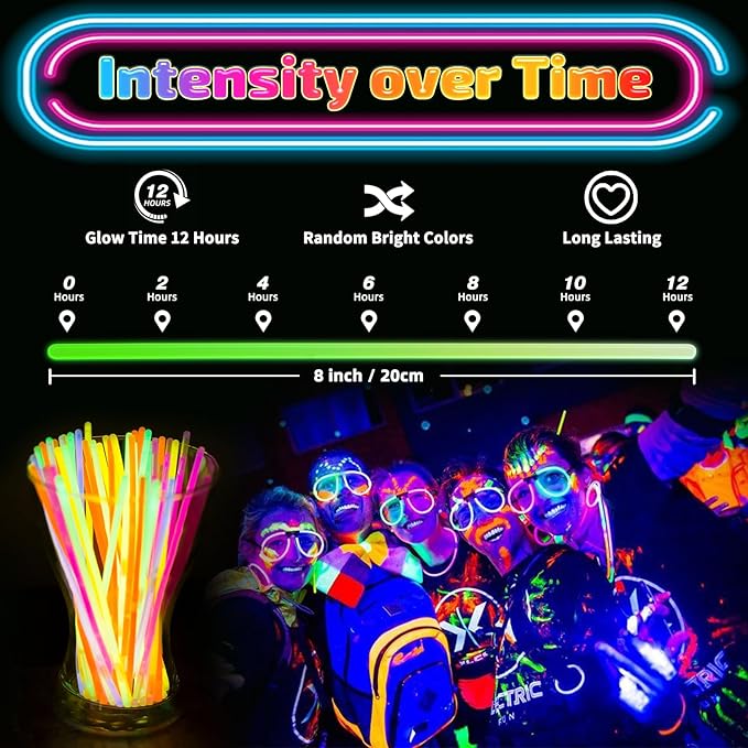 200 Pcs Glow Sticks Bulk Party Pack, 8'' Glow in the Dark Party Supplies, Glow in the Dark Light Up Sticks with Connectors, Party Favors for Birthday, Concert, Raves, Halloween, Christmas-BubblyBeeBaby