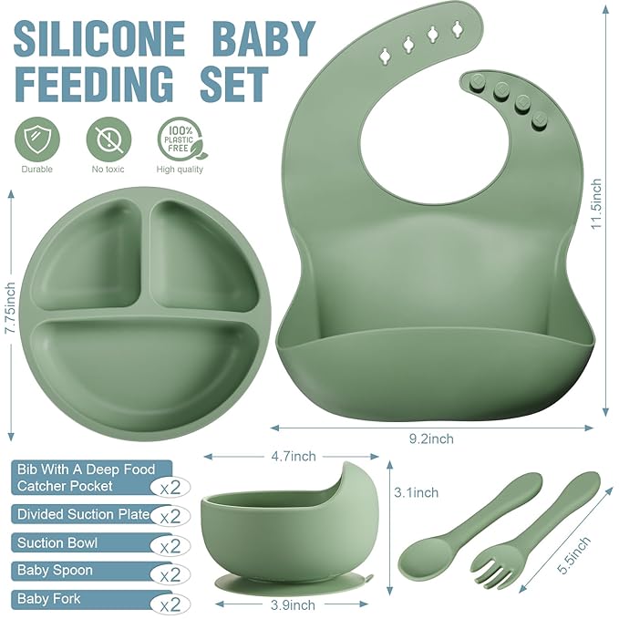 10 Pack Silicone Baby Feeding Set, Toddlers Led Weaning Feeding Supplies with Suction Baby Bowl Divided Plate Adjustable Bib Soft Silicone Spoon Fork, Infant Self Eating Utensil Set (Blue, Green)-BubblyBeeBaby
