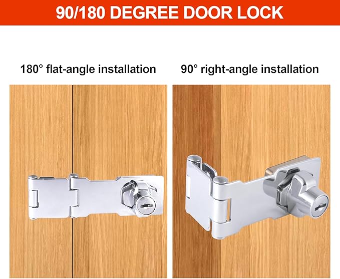 KIBBEH 1 Pack Door Lock Hasp Latchs, Collapsible Solid 304 Stainless Steel File Cabinet Lock Desk Drawer Lock, for 90 Degree and 180 Degree Drawers, Dabinets, Doors, Flip Barn Door (Universal Key)-BubblyBeeBaby