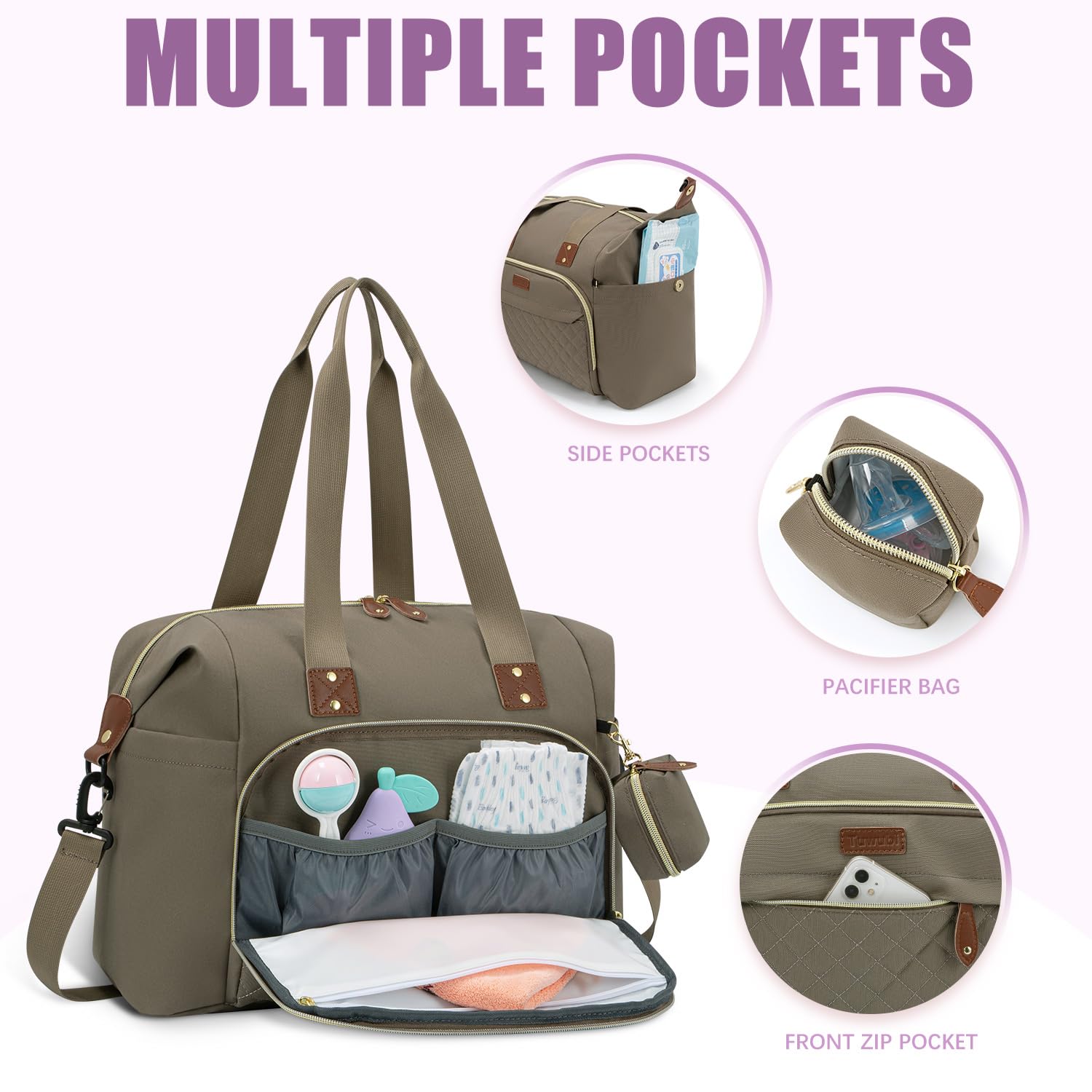 Tuwubi Diaper Bag Tote,Baby Diaper Bag with Pacifier Case Large Travel Diaper Tote Caddy for Mom and Dad Multifunction Large Baby Bag - Khaki