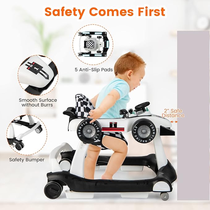 HONEY JOY 4-in-1 Baby Walker, Activity Push Walker w/3 Adjustable Heights, Smooth Wheels w/Adjustable Speed, Padded Seat, Music & Light, Foldable Car Walker for Baby Boys Girls Age 6 Months+ (White)-BubblyBeeBaby