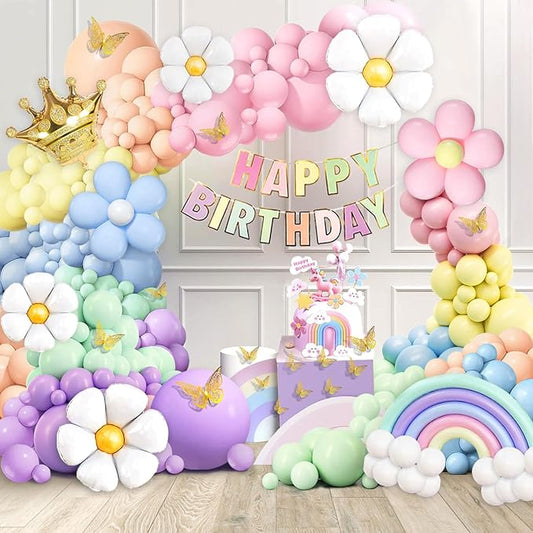 219Pcs Daisy Balloon Arch Garland Kit - Pastel Rainbow Balloons Arch Kit with Daisy Balloons,Banner,Cake Toppers,12 3D Butterfly, for Birthday Party, Baby Shower, Flower Themed Party Decorations-BubblyBeeBaby