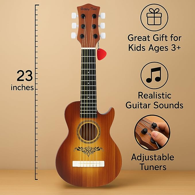 23" Acoustic Guitar, Kids 6 String Toy Guitar - Realistic Steel Strings - Beginner Practice First Musical Instrument for Children, Toddlers (Brown)-BubblyBeeBaby